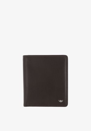 Dunkelbraune Leder-Bifold-Geldbörse mit genähten Kanten und kleinem silbernem Logo in der unteren rechten Ecke auf weißem Hintergrund.