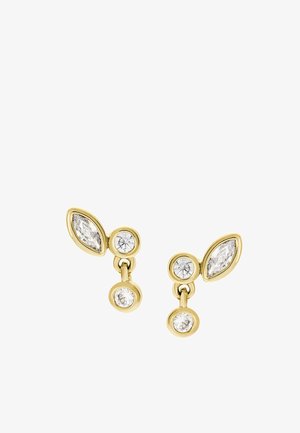 Boucles d'oreilles en or avec des pierres précieuses claires en forme de marquise et ronde, disposées dans un design délicat avec une texture polie et un éclat subtil.