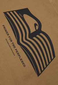 Ruskea kangaskansi, jossa on musta graafinen kuvio raidoin ja tyylitelty muoto. Teksti kuuluu "PRIMER FOR THE PERPLEXED, REVISED AND EXPANDED."