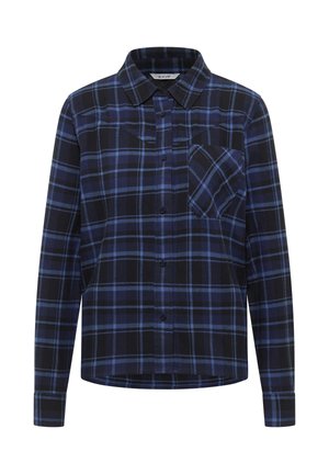 Blue and black plaid shirt with a button-down collar, long sleeves, and a chest pocket. Made from a soft, textured fabric.
