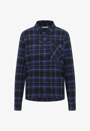 Blue and black plaid shirt with a button-down collar, long sleeves, and a chest pocket. Made from a soft, textured fabric.