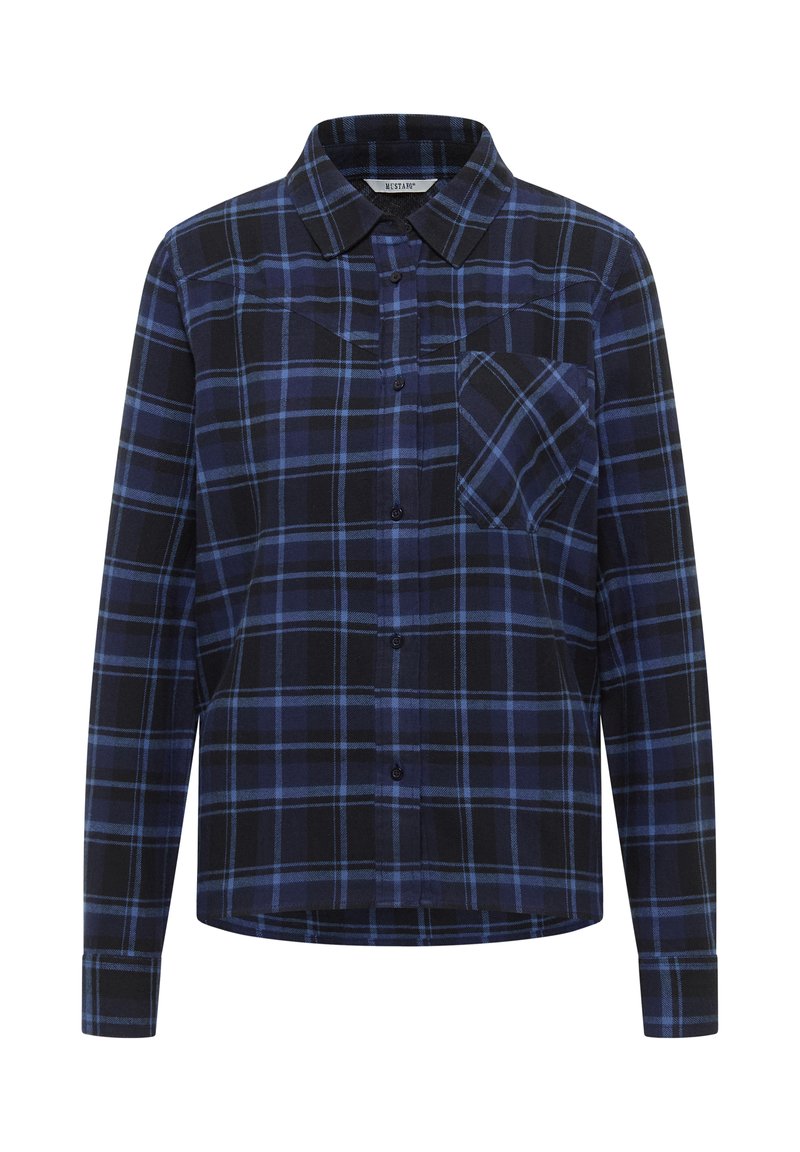 Blue and black plaid shirt with a button-down collar, long sleeves, and a chest pocket. Made from a soft, textured fabric.