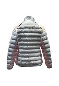 Leichte, gepolsterte Jacke in grauen und rosa Abschnitten. Sie verfügt über einen hohen Kragen und elastische Bündchen. Glatte Textur mit horizontalem Steppmuster.