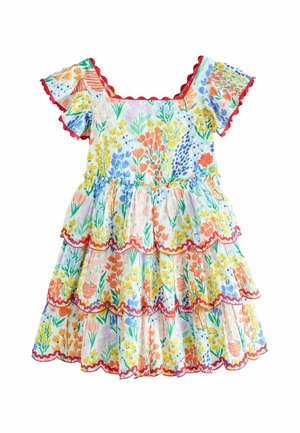 Mädchenkurzarm-Stufenkleid mit mehrfarbigem Blumenmuster und rotem Wellenbesatz an Ärmeln, Ausschnitt und Saum.