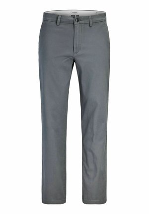 Pantalon gris pour homme coupe droite avec passants de ceinture, fermeture à bouton et braguette zippée sur le devant, présenté sur fond blanc.