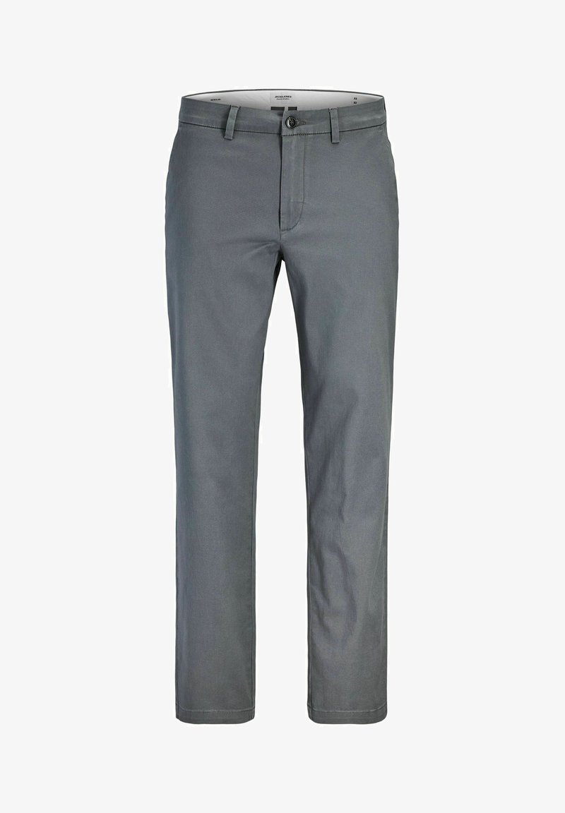 Pantalon gris pour homme coupe droite avec passants de ceinture, fermeture à bouton et braguette zippée sur le devant, présenté sur fond blanc.