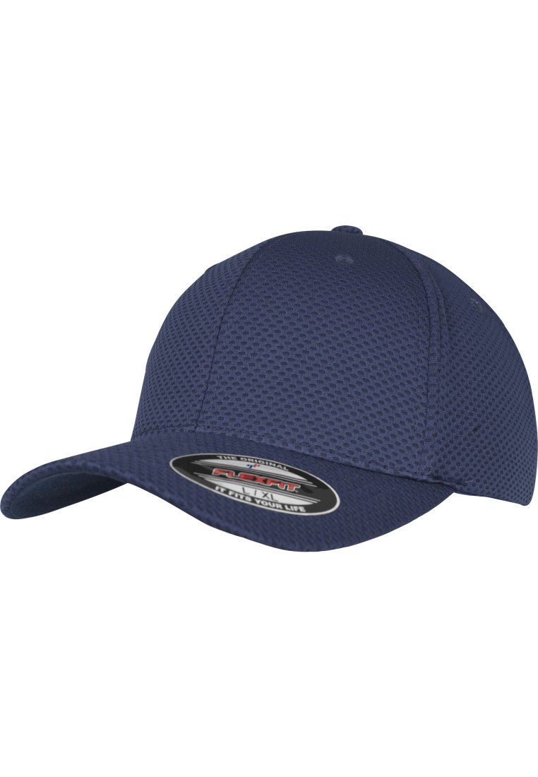 Navy baseball cap made of textured fabric, featuring a curved brim and a branded interior tag. Designed with a flexible fit.