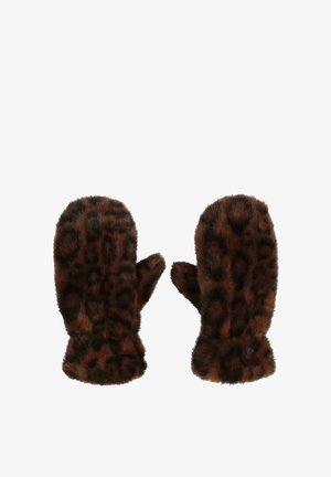 Muffole in pelliccia sintetica marrone con un motivo a macchie di leopardo, dotate di un polsino aderente e punte arrotondate per calore e comfort.