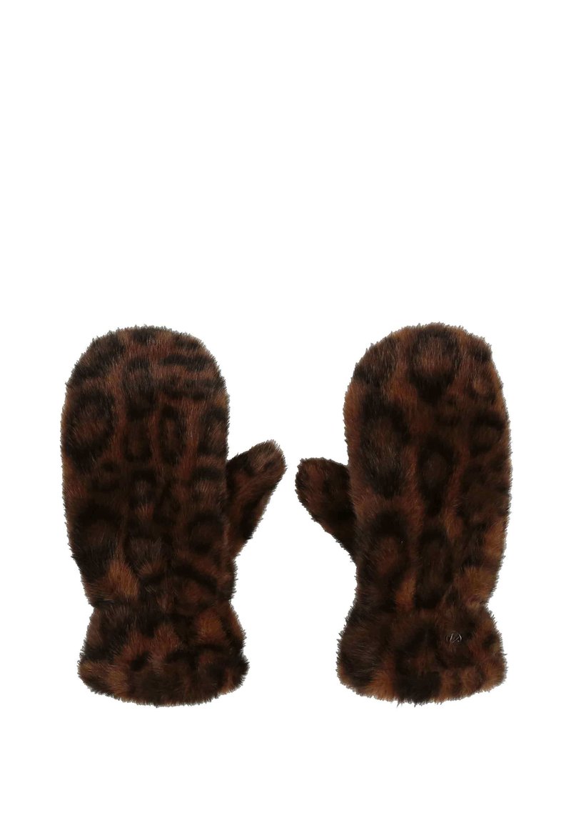Mănuși din blană artificială maro cu un model de leopard, având un manșon strâns la încheietură și vârfuri rotunjite pentru căldură și confort.