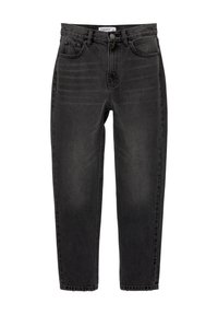 Jean noir taille haute, coupe slim, avec poches avant et arrière, passants pour ceinture, fermeture par bouton et zip.