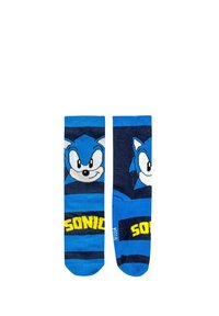 Calze di cotone blu con righe e una grafica di Sonic the Hedgehog. Il design include caratteri gialli audaci che scrivono "SONIC."