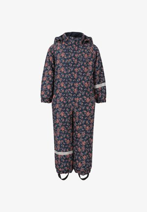 Salopette imperméable bleu marine avec un motif floral rose et blanc. Comprend des poignets élastiques, une capuche et des accents réfléchissants sur les manches.