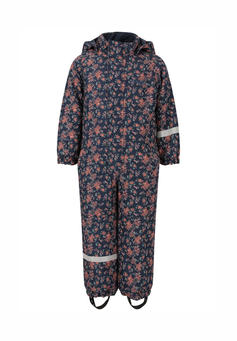 Marineblauwe waterdichte overall met een bloemenpatroon in roze en wit. Voorzien van elastische manchetten, een capuchon en reflecterende accenten op de mouwen.