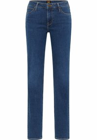 Dark blue denim jeans with a straight fit. Features five pockets, a zipper fly, and a leather label at the waistband. Smooth texture.