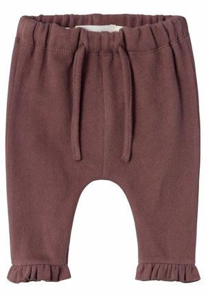 Pantaloni viola in cotone per bambino con vita elasticizzata, coulisse anteriore e orli arricciati in fondo alle gambe.