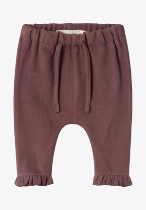 Pantaloni viola in cotone per bambino con vita elasticizzata, coulisse anteriore e orli arricciati in fondo alle gambe.