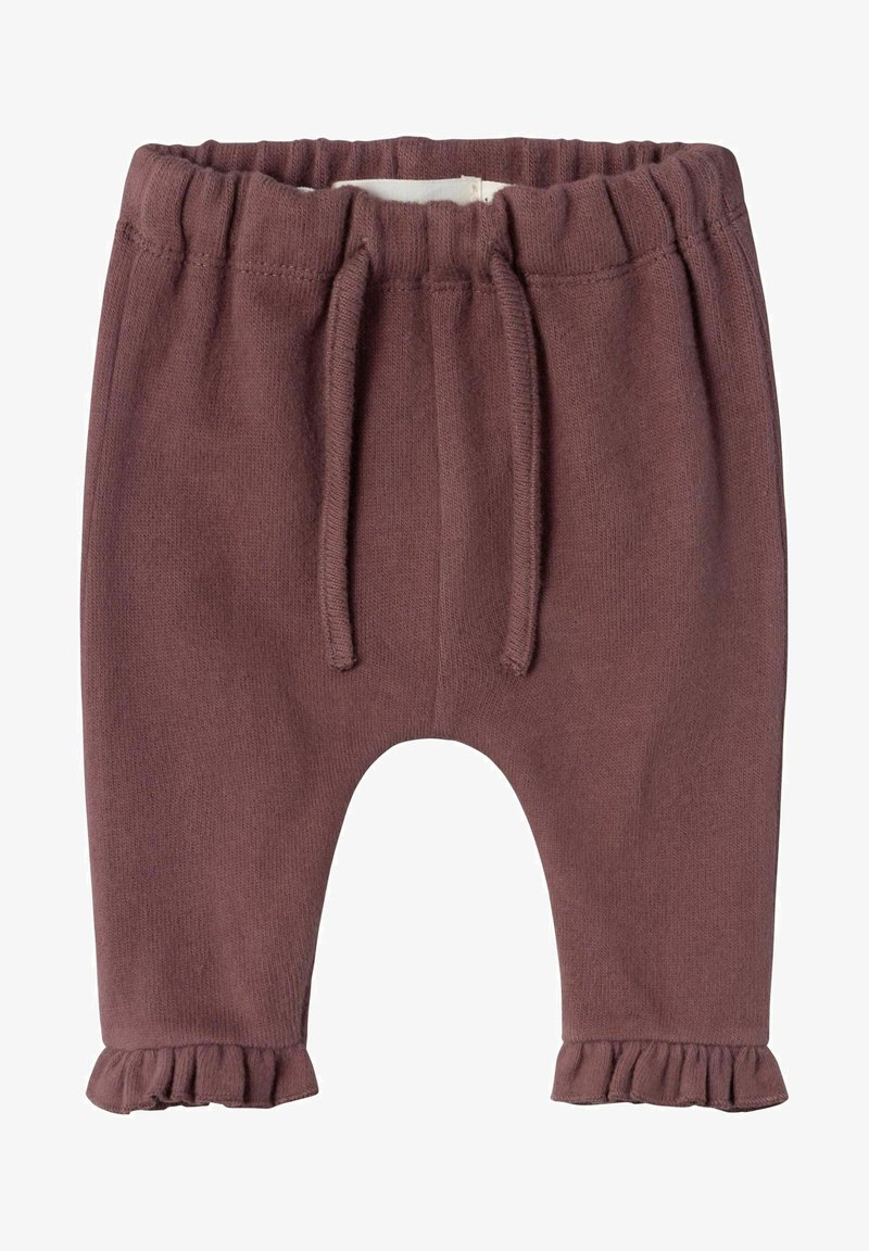 Pantaloni viola in cotone per bambino con vita elasticizzata, coulisse anteriore e orli arricciati in fondo alle gambe.
