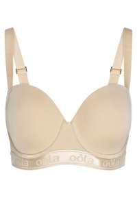 Beige behå med formade kupor, justerbara axelband och en mjuk band med "oöla"-logotyp i en diskret glans.