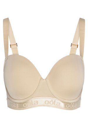 Beige bh met gevormde cups, verstelbare schouderbanden en een zachte band met het "oöla"-logo in een subtiele glans.