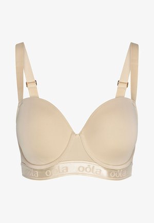 Beige bh met gevormde cups, verstelbare schouderbanden en een zachte band met het "oöla"-logo in een subtiele glans.