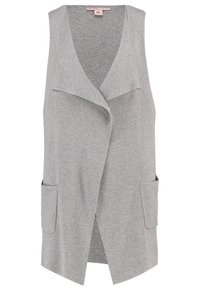 Šedý bezrukávový kardigan s volným frontem, bočními kapsami a pletenou texturou. Otevřený design se soft materiálem pro pohodlí.