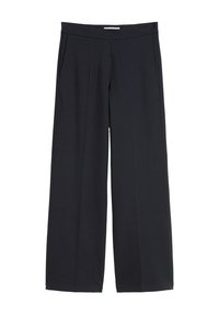 Schwarze weite Hosen aus weichem, glattem Stoff. Mit einem hohen Bund und seitlichen Taschen, in einem schlichten, minimalistischen Design.