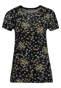 Camiseta negra de manga corta con un patrón floral en amarillo, blanco y gris. Cuello redondo y textura ligera y suave.