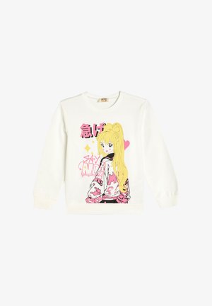 Weißer Sweatshirt mit einem grafischen Druck eines Charakters mit langen blonden Haaren, pinken Akzenten und japanischem Text in fetter schwarzer Schrift.