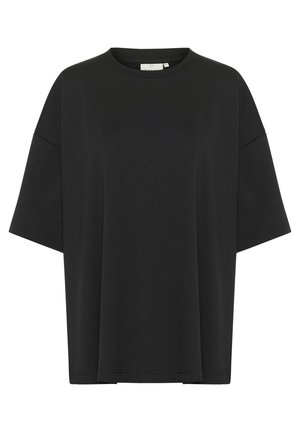 Sort oversized t-shirt med korte ærmer, rund hals og sænkede skuldre, vist mod en hvid baggrund.