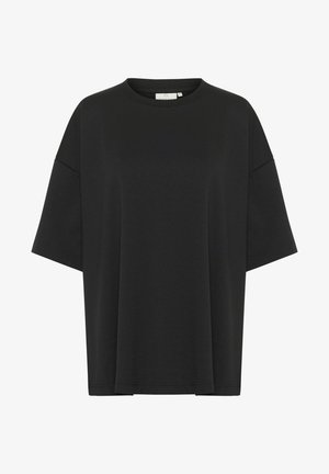 Schwarzes übergroßes T-Shirt mit kurzen Ärmeln, Rundhalsausschnitt und überschnittenen Schultern, vor weißem Hintergrund dargestellt.