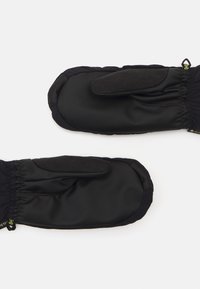 Mănuși negre fabricate dintr-un material sintetic neted, cu un manșon elastic, un compartiment pentru degetul mare și o căptușeală moale pentru căldură.