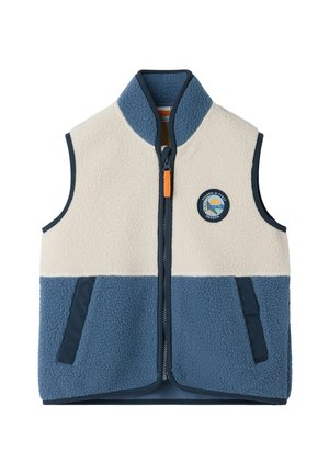 Ærmeløs fleecevest i creme og blå med lynlås foran, to sidelommer,stående krave og rundt patch-logo på brystet.