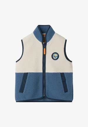 Ærmeløs fleecevest i creme og blå med lynlås foran, to sidelommer,stående krave og rundt patch-logo på brystet.
