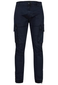 Pantalon cargo slim bleu foncé avec fermeture à bouton et zip, multiples poches latérales, coutures aux genoux, et poignets élastiques avec zips.