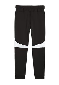 Sorte sweatpants med hvide accentpaneler, der har en elastisk talje og et sporty design, ideelle til afslappet eller atletisk brug.