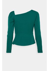 Top long à manches teal avec décolleté asymétrique, détail d'épaule bouffante, taille ajustée et ourlet légèrement évasé.