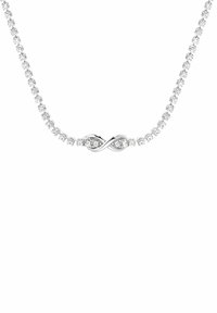 Collana con pendente in argento, decorata con un design a simbolo dell'infinito, arricchita da cristalli trasparenti scintillanti lungo la catena e un accento centrale.