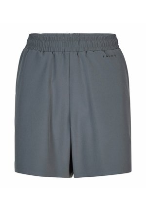 Shorts à taille élastique grise avec poches latérales, fabriqués dans un tissu lisse et arborant un petit logo "FALKE" sur le côté droit.