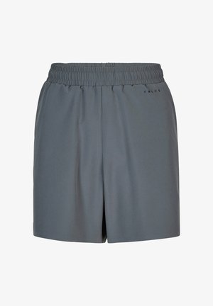 Shorts à taille élastique grise avec poches latérales, fabriqués dans un tissu lisse et arborant un petit logo "FALKE" sur le côté droit.