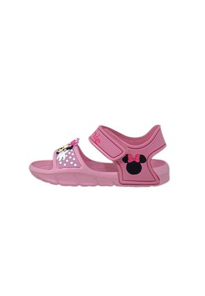 Sandalo rosa per bambini con cinturini regolabili con disegni di Minnie Mouse e pois, punta aperta e suola flessibile.
