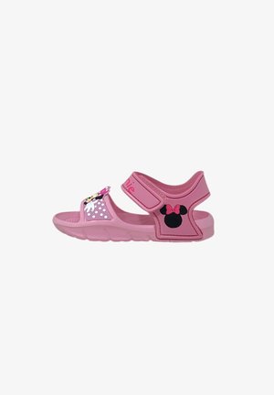 Sandalo rosa per bambini con cinturini regolabili con disegni di Minnie Mouse e pois, punta aperta e suola flessibile.