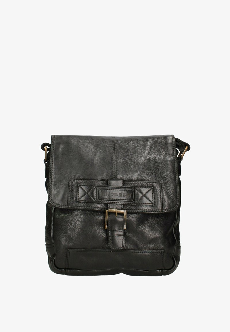 Borsa a tracolla nera in pelle con chiusura a pattina e dettaglio con fibbia. Caratterizzata da una superficie testurizzata e una tracolla regolabile.