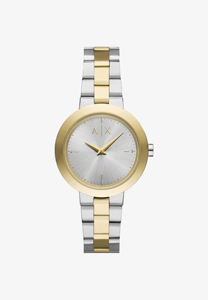 Reloj metálico con una esfera texturizada plateada y acentos dorados. Presenta una pulsera metálica bicolor en plata y oro. Marcado con las letras "A|X."