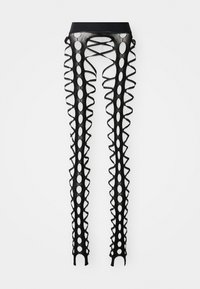 Leggings noirs montants avec un design lacé, comprenant de grands cercles découpés et des accents ondulés sur les côtés. Texture lisse.