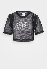 Czarny siateczkowy krótki top z krótkimi rękawami, z białym logo Nike. Posiada okrągły dekolt i kontrastujące białe lamówki na ramionach.