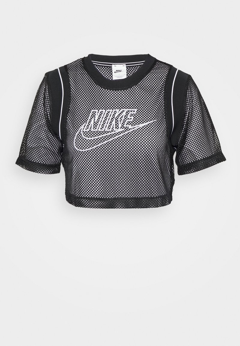 Czarny siateczkowy krótki top z krótkimi rękawami, z białym logo Nike. Posiada okrągły dekolt i kontrastujące białe lamówki na ramionach.