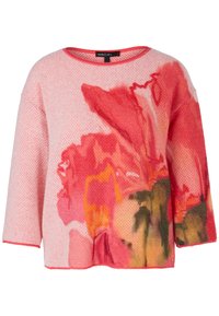 Knit sweater featuring a pink base with a floral design in shades of red, orange, and green. Round neckline and three-quarter sleeves.