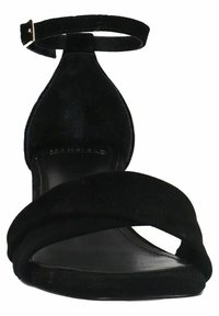 Black suede heeled sandal with an ankle strap, open toe, and crossed front bands. Smooth texture with a slight sheen.