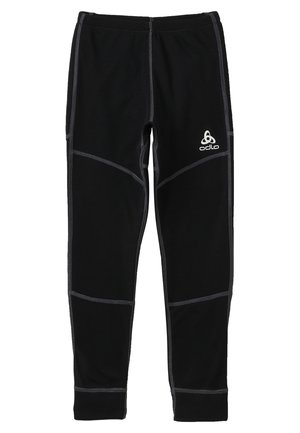 Leggings thermiques noirs avec des coutures grises, taille élastique et logo Odlo sur la jambe droite. Conçus pour la chaleur et la flexibilité.