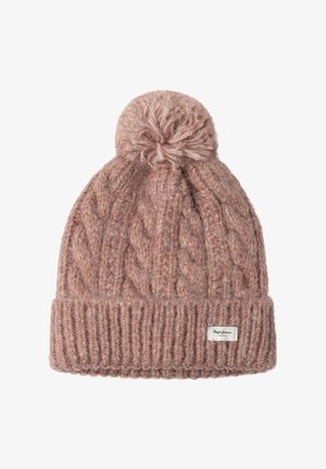 Kootud roosa beanie, millel on pom-pom peal, ribaga ääre ja õmmeldud silt. Pehme tekstuur ja mugav disain.